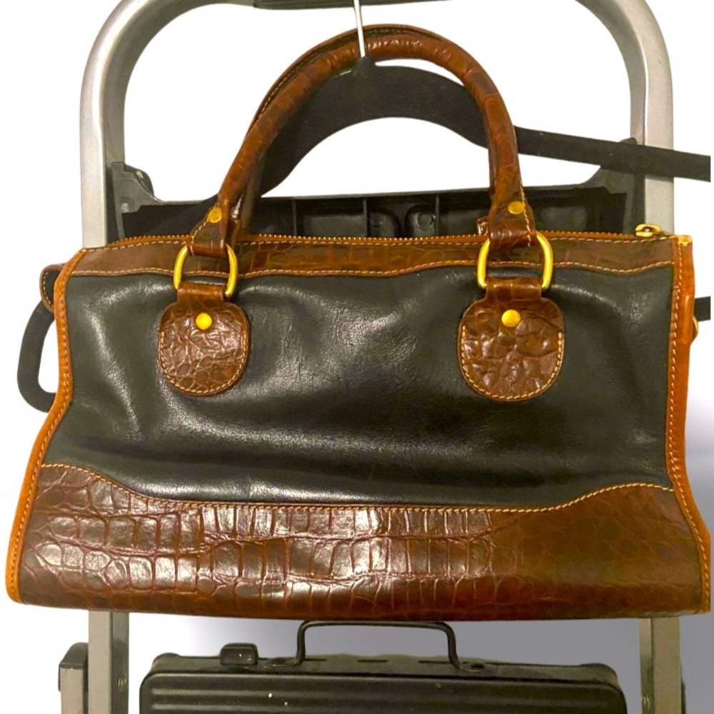 Vintage Brahmin Tuscan Black Brown Croc Embossed Top Handle Handbag Purse